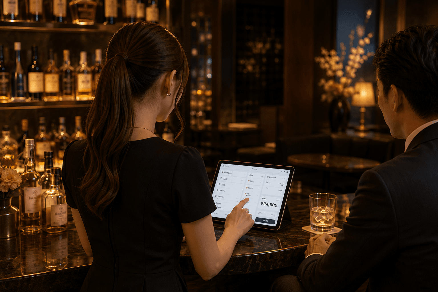 スナックのカウンターでiPadを操作するスタッフ